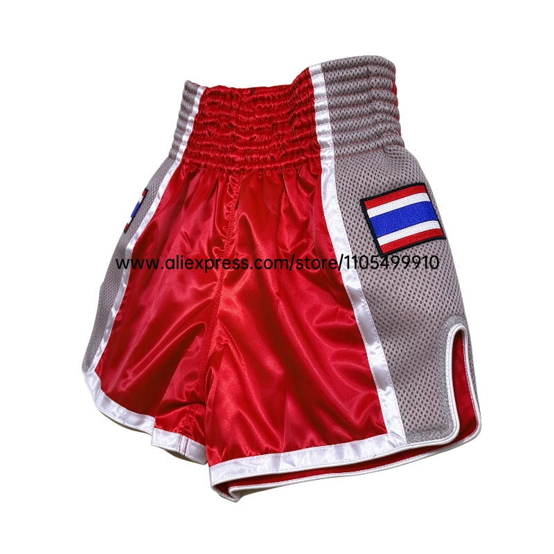 Adult Kids MMA Muay Thai Boxing Shorts Elastic Waist Satin Split Color Fight Shorts Mesh Side Thailand Flag Patch for Kickboxing