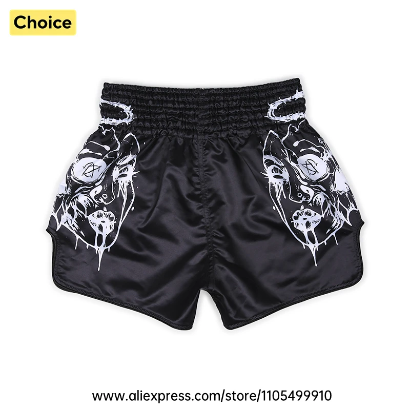 Lightweight Muay Thai Shorts Elastic Waist Side Split Graphic Fight Trunks Unisex Men Women White Satin Boxing Kickboxing Pants