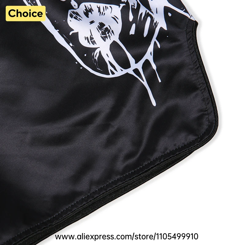 Lightweight Muay Thai Shorts Elastic Waist Side Split Graphic Fight Trunks Unisex Men Women White Satin Boxing Kickboxing Pants