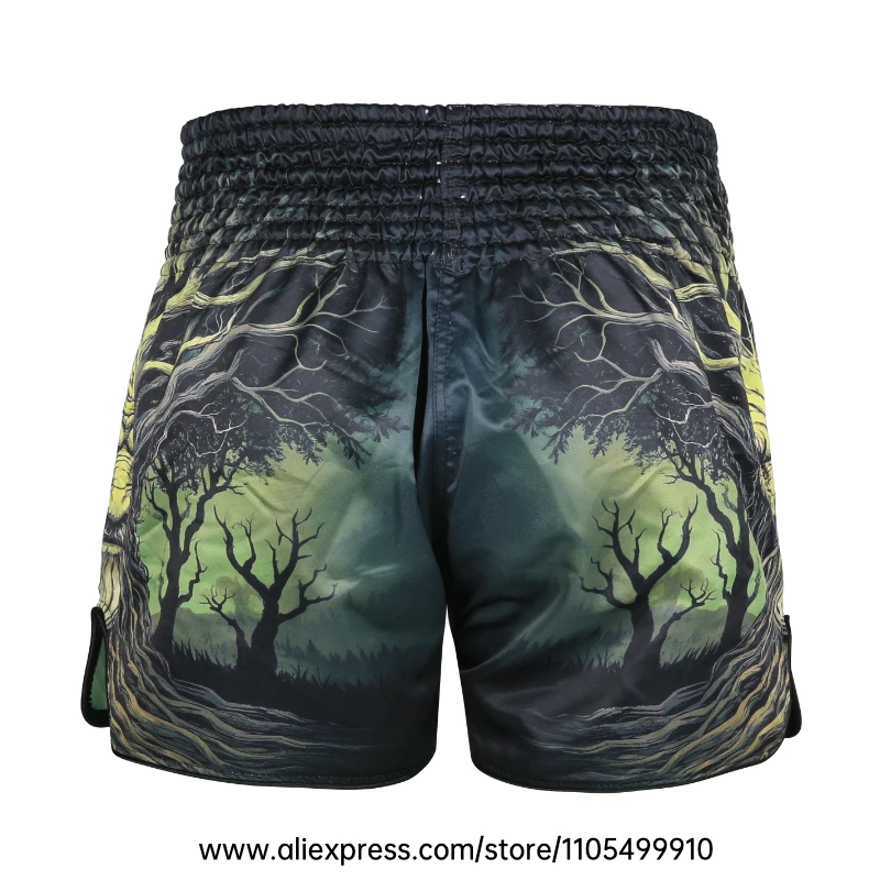 Muay Thai Boxing Shorts Men Women Youth Forest Tree Print Kickboxing Shorts Satin Fight Shorts for Gym Training MMA Sparring