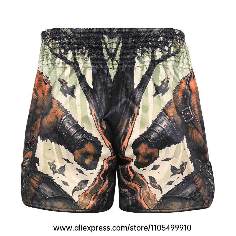 Muay Thai Boxing Shorts Men Women Youth Forest Tree Print Kickboxing Shorts Satin Fight Shorts for Gym Training MMA Sparring