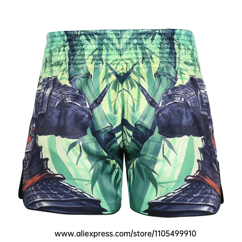 Muay Thai Boxing Shorts Men Women Youth Forest Tree Print Kickboxing Shorts Satin Fight Shorts for Gym Training MMA Sparring