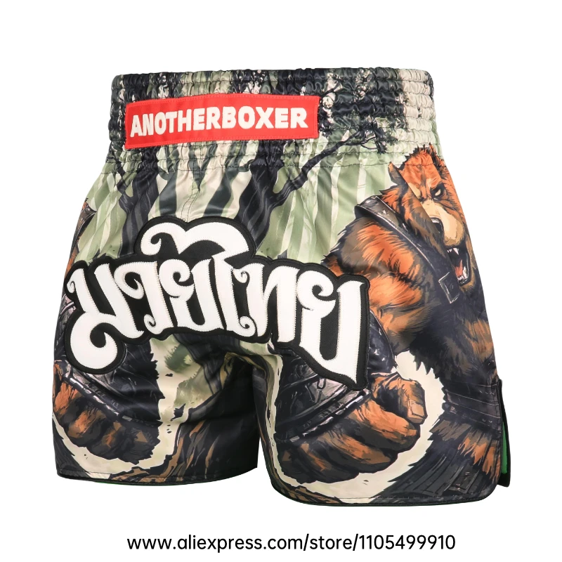 Muay Thai Boxing Shorts Men Women Youth Forest Tree Print Kickboxing Shorts Satin Fight Shorts for Gym Training MMA Sparring