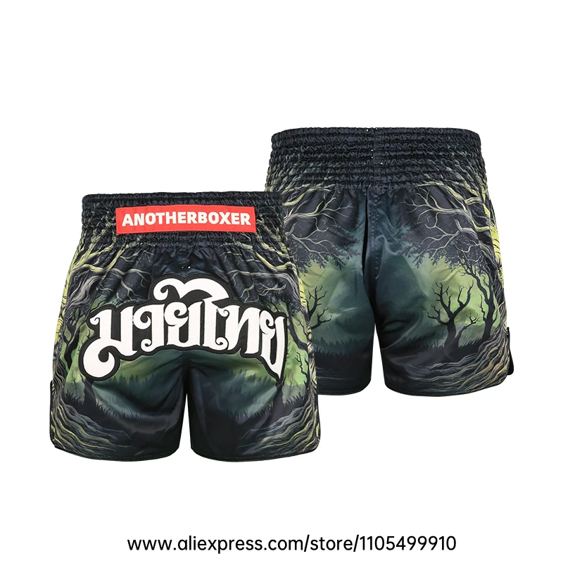 Muay Thai Boxing Shorts Men Women Youth Forest Tree Print Kickboxing Shorts Satin Fight Shorts for Gym Training MMA Sparring