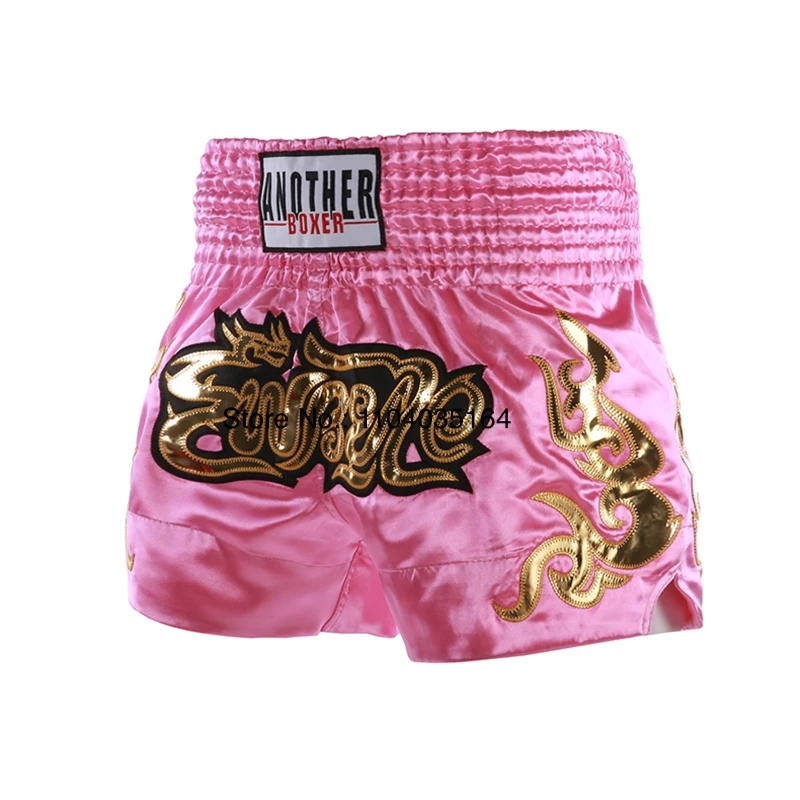 Shorts for Thai Boxing Embroidery Muay Thai Pants Men Women Kids Embroidery Satin Sparring Kickboxing Cage Fighting Shorts Pink