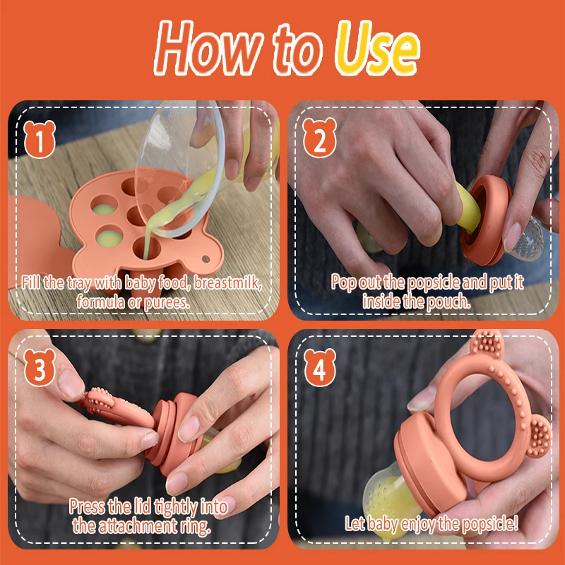 Baby Teething Relief Toy with Tray Replacement Pacifiers Breast Milk Ice Pop Molds Silicone Baby Fruit Feeder BPA-Free