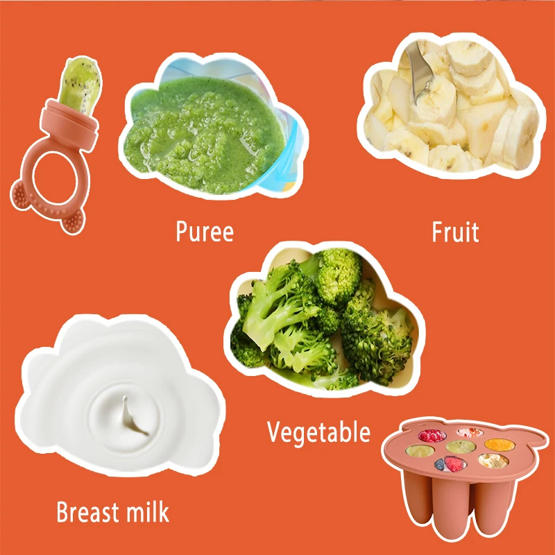 Baby Teething Relief Toy with Tray Replacement Pacifiers Breast Milk Ice Pop Molds Silicone Baby Fruit Feeder BPA-Free