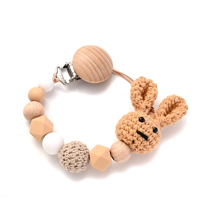 New Baby Wooden Pacifier Clip Wood Crochet Rabbit Teething Soother Chain For Nursing Chew Toy Baby Dummy Holder Chain BPA Free