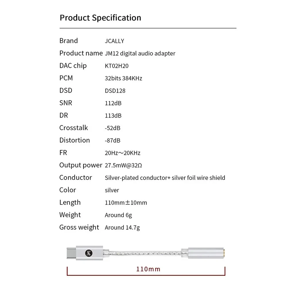 JCALLY JM12 Digital Audio Adapter Type-C to 3.5mm Converter HIFI Sound DAC Chip Headphone Amplifier for Phone PC Adapter Cable