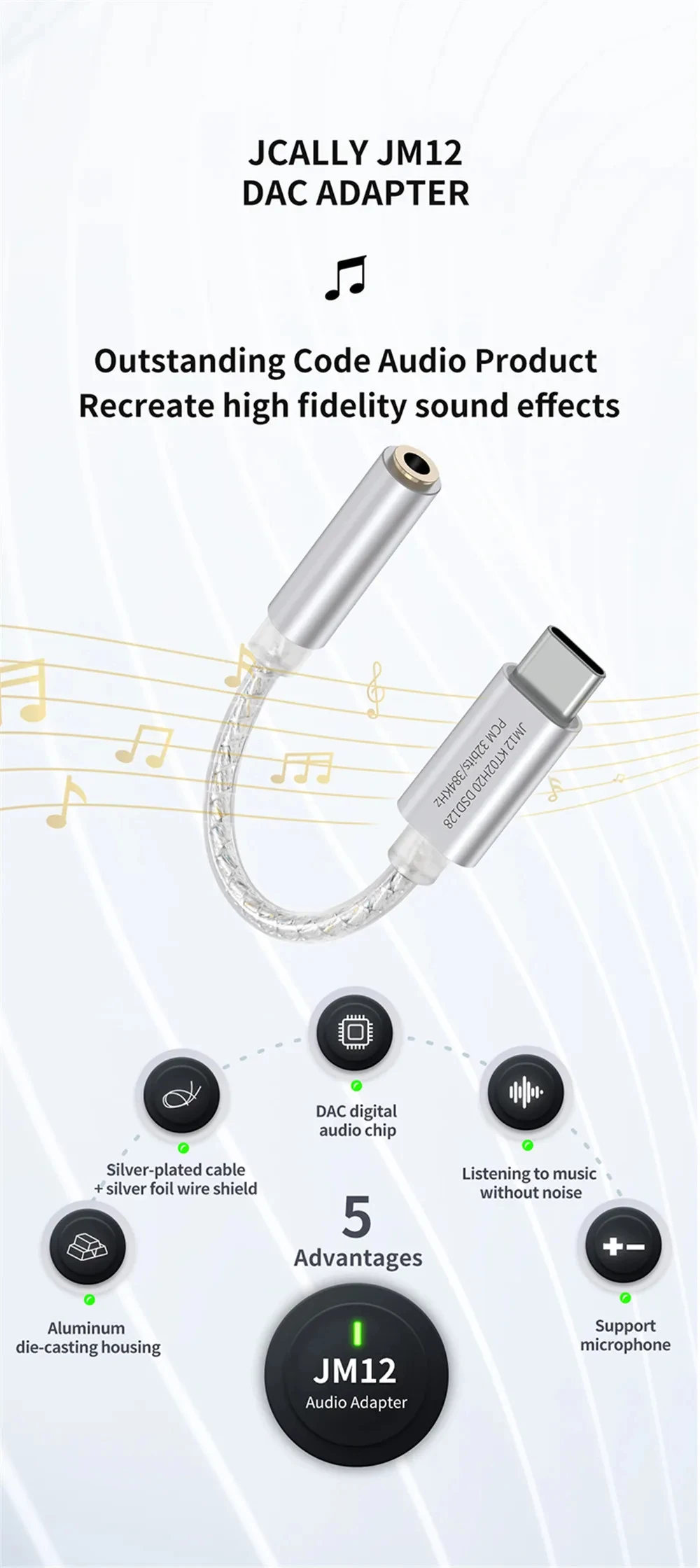 JCALLY JM12 Digital Audio Adapter Type-C to 3.5mm Converter HIFI Sound DAC Chip Headphone Amplifier for Phone PC Adapter Cable