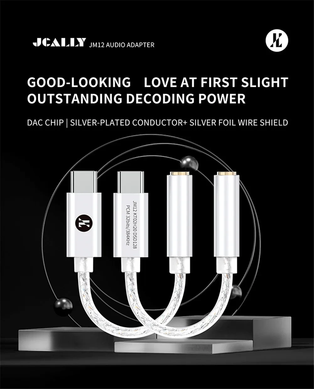 JCALLY JM12 Digital Audio Adapter Type-C to 3.5mm Converter HIFI Sound DAC Chip Headphone Amplifier for Phone PC Adapter Cable