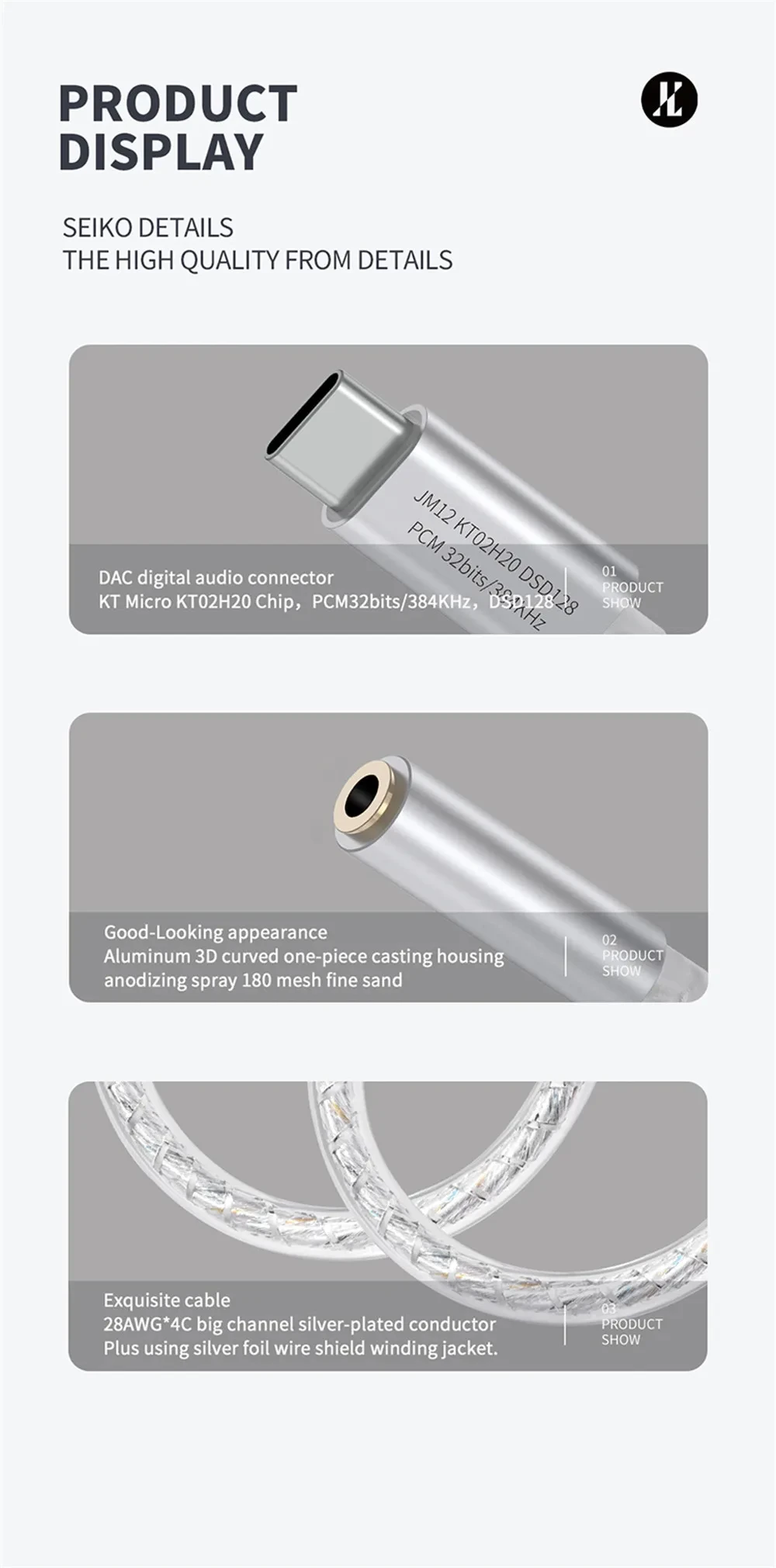 JCALLY JM12 Digital Audio Adapter Type-C to 3.5mm Converter HIFI Sound DAC Chip Headphone Amplifier for Phone PC Adapter Cable