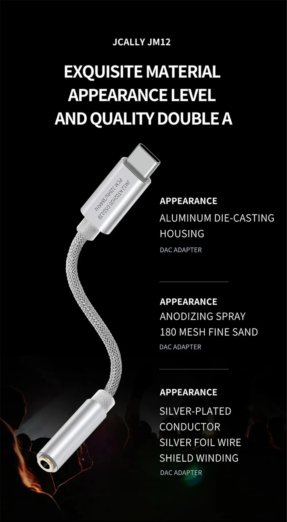 JCALLY JM12 Digital Audio Adapter Type-C to 3.5mm Converter HIFI Sound DAC Chip Headphone Amplifier for Phone PC Adapter Cable