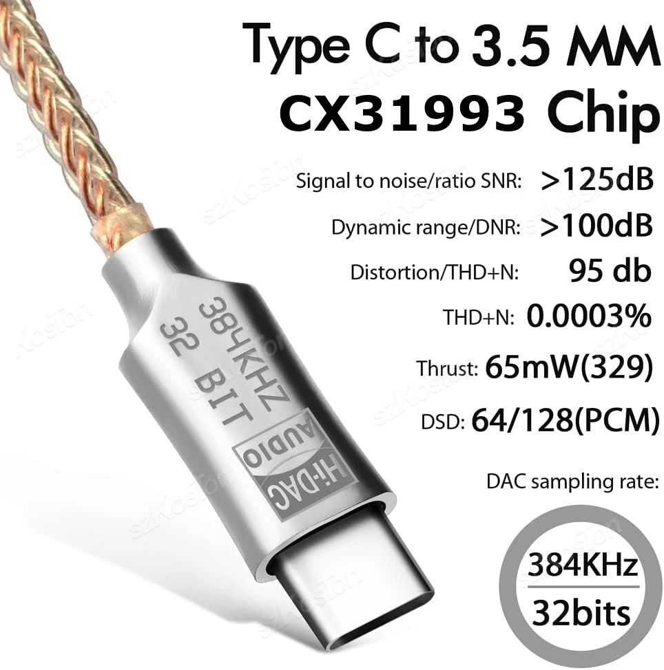 CX31993 HiFi USB Type C To 3.5mm Headphone Amplifier DAC Audio Decoder IEM AMP Mobile Phone Adapter Type-C Converter 32b/384kHz