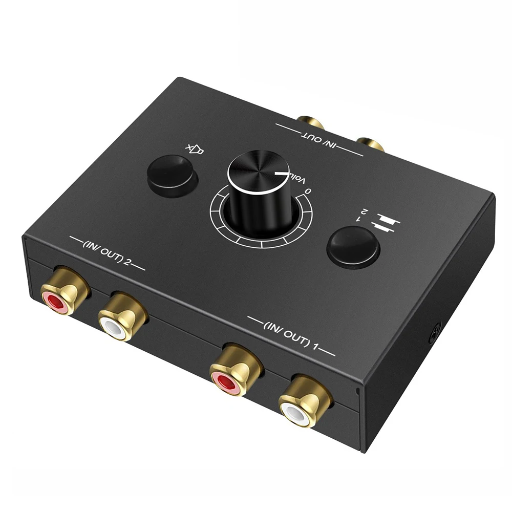 Bi-Directional Audio Switcher RCA Audio Adapter with Mute Button 2 in 1 Out/1 in 2 Out RCA Stereo Audio Switch for Speaker