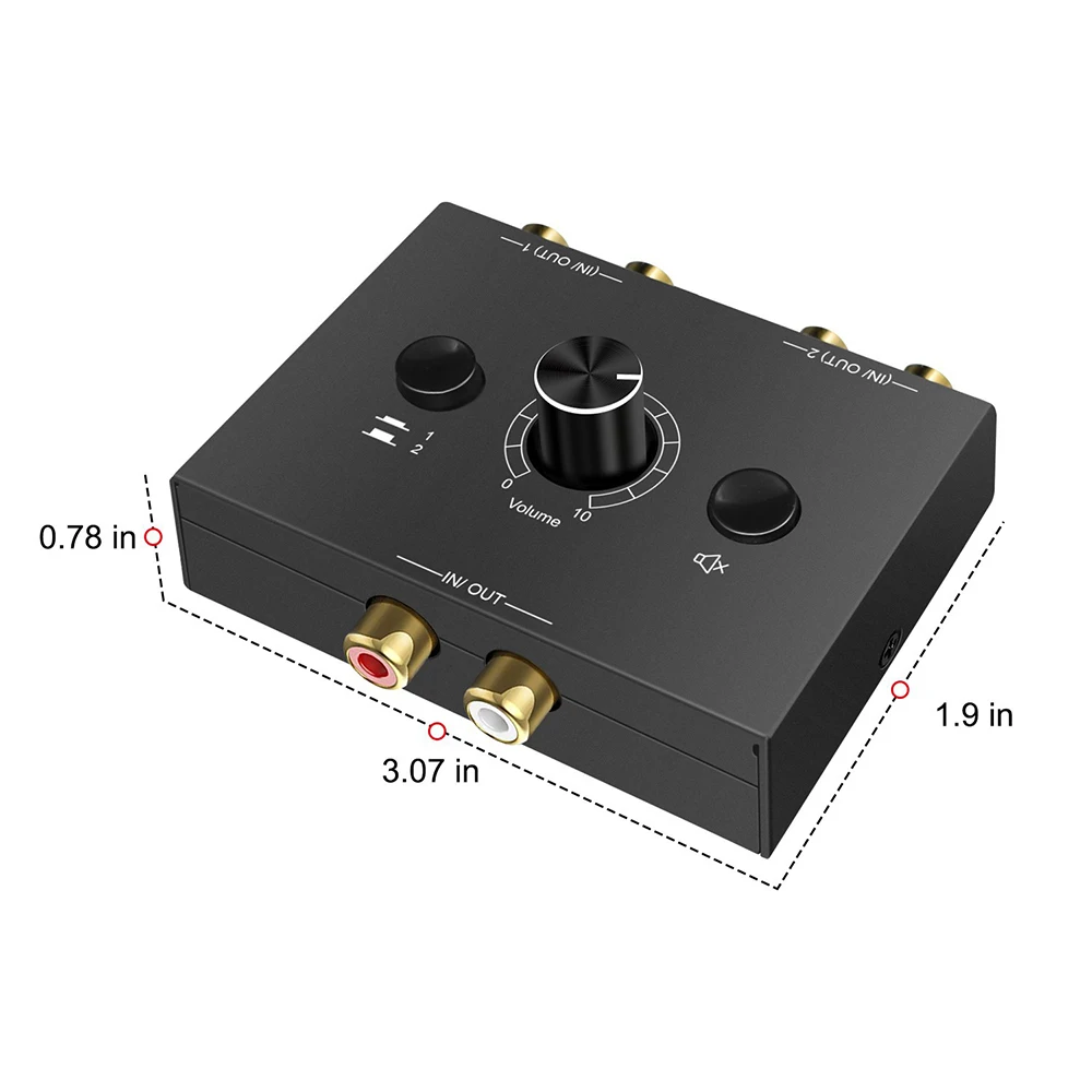Bi-Directional Audio Switcher RCA Audio Adapter with Mute Button 2 in 1 Out/1 in 2 Out RCA Stereo Audio Switch for Speaker