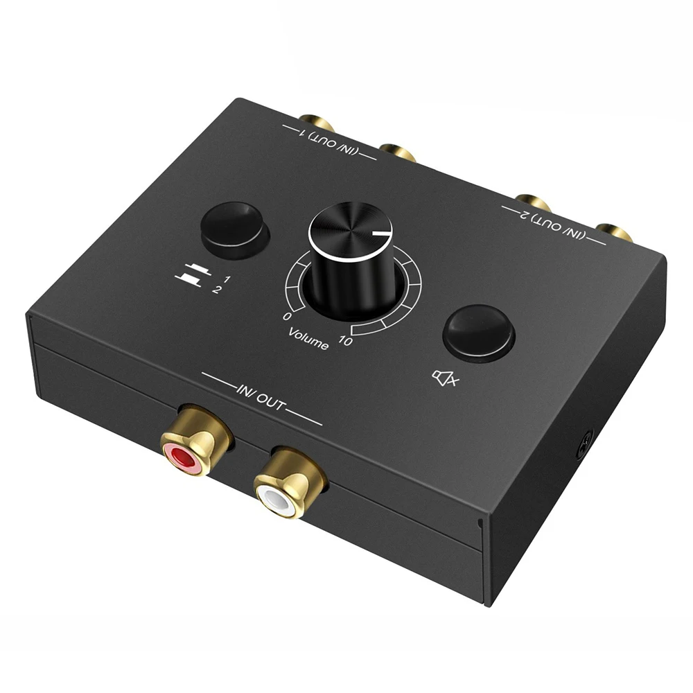 Bi-Directional Audio Switcher RCA Audio Adapter with Mute Button 2 in 1 Out/1 in 2 Out RCA Stereo Audio Switch for Speaker