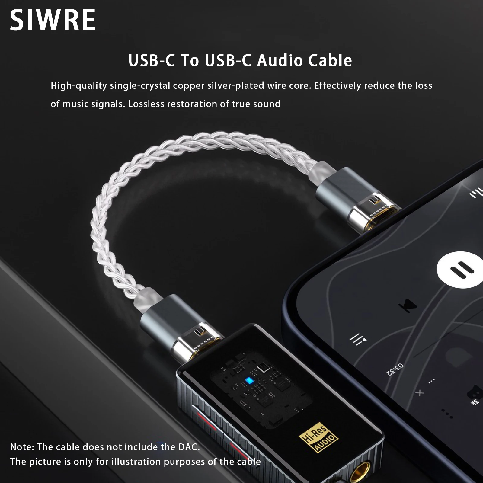 SIWRE OT1 USB-C To USB-C Audio Cable For Dongle DAC Portable Headphone Amp Silver-Plated Single Crystal Copper Type-c OTG Cables