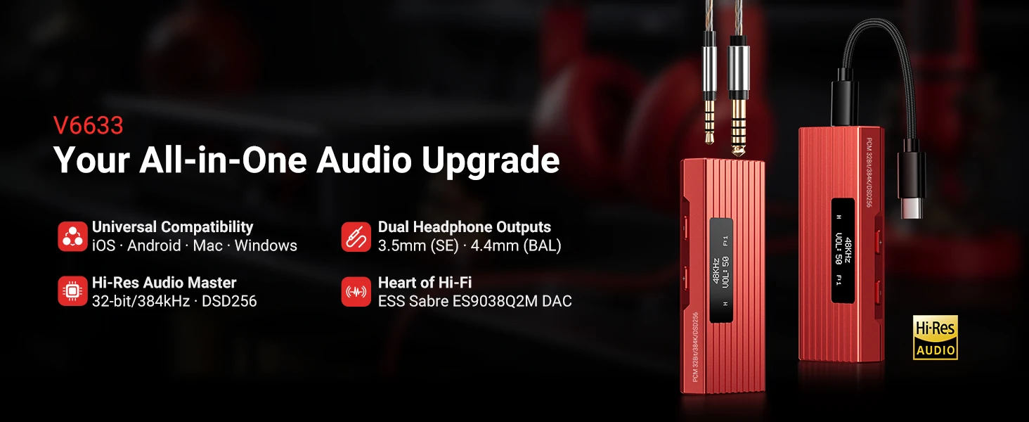USB-C to AUX DAC Amp 3.5mm+4.4mm Hi-Res ES9028Q2M DSD256，For iPhone 15/16/17 Pro & Android