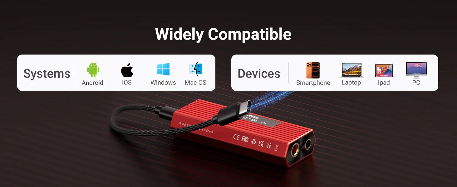 USB-C to AUX DAC Amp 3.5mm+4.4mm Hi-Res ES9028Q2M DSD256，For iPhone 15/16/17 Pro & Android