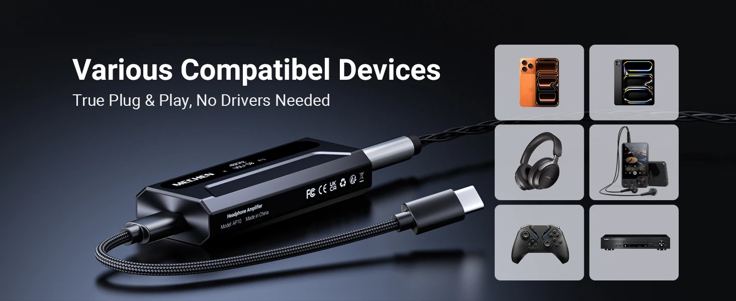 USB-C to AUX DAC Amp 3.5mm+4.4mm Hi-Res ES9028Q2M DSD256，For iPhone 15/16/17 Pro & Android