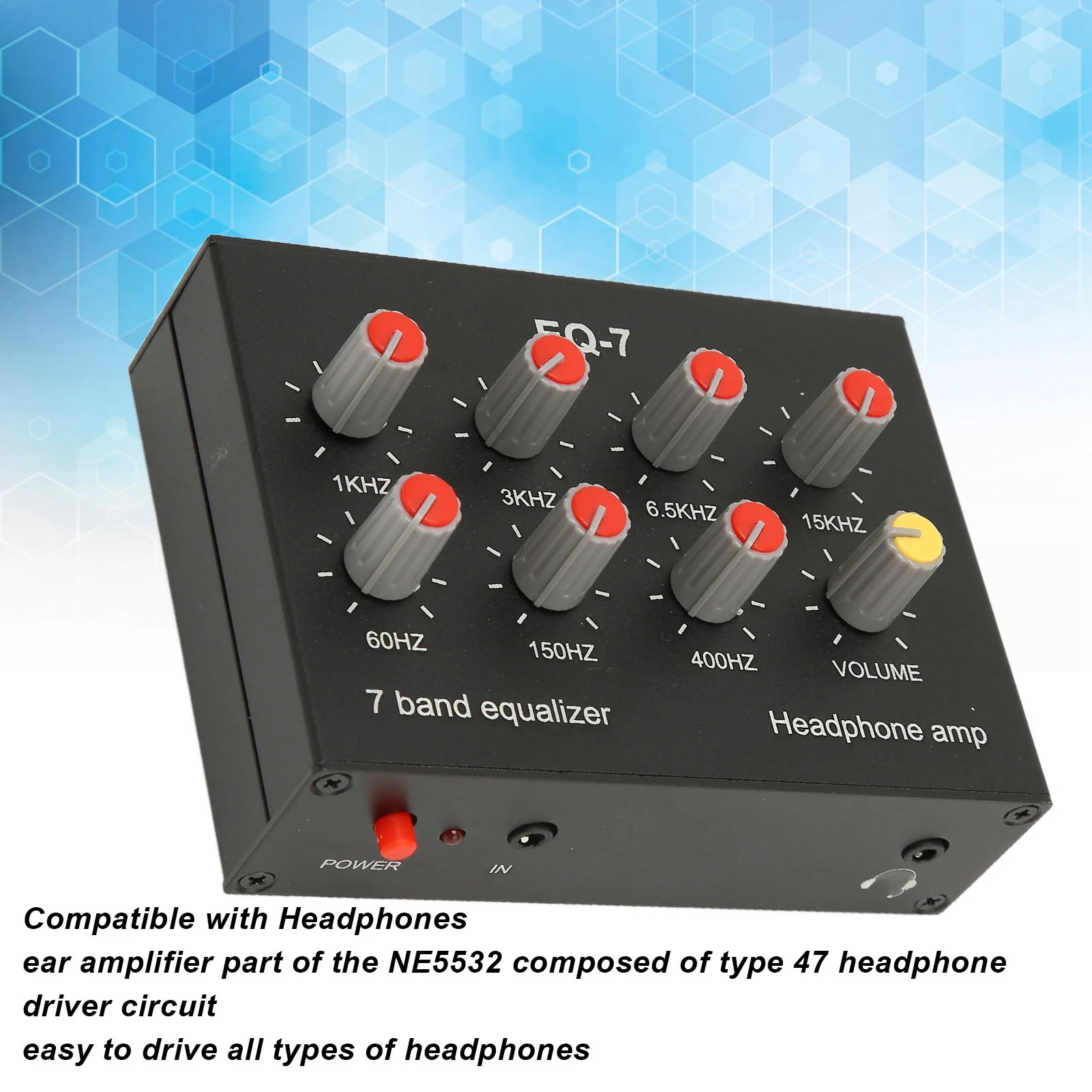 7 Band Sound Equalizer RCA Output Input 12dB High Bass Adjustment Dual Channel Digital Equalizer