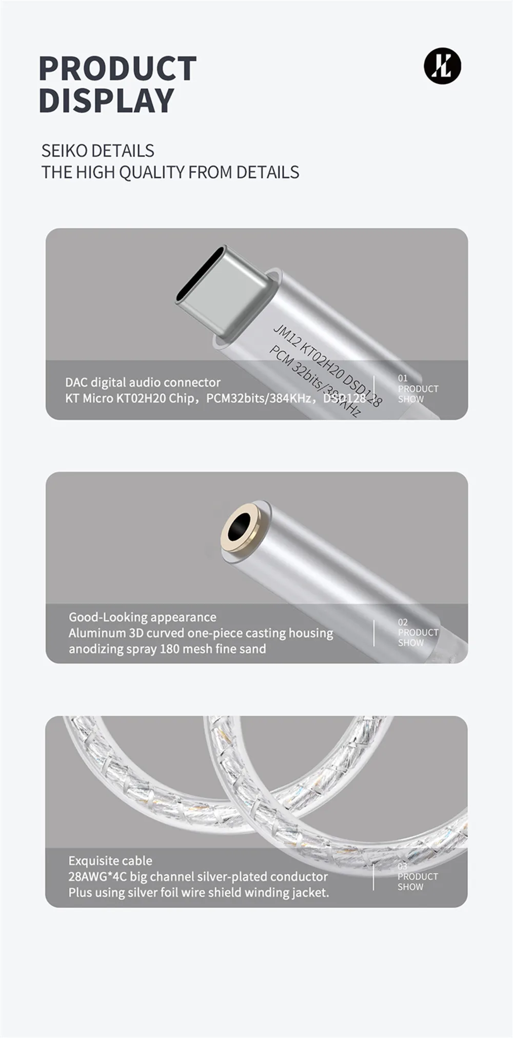 JCALLY JM12 Digital Audio Adapter Type-C to 3.5mm HIFI Sound DAC Decoder Headphone Amplifier for Phone PC Audio Cable