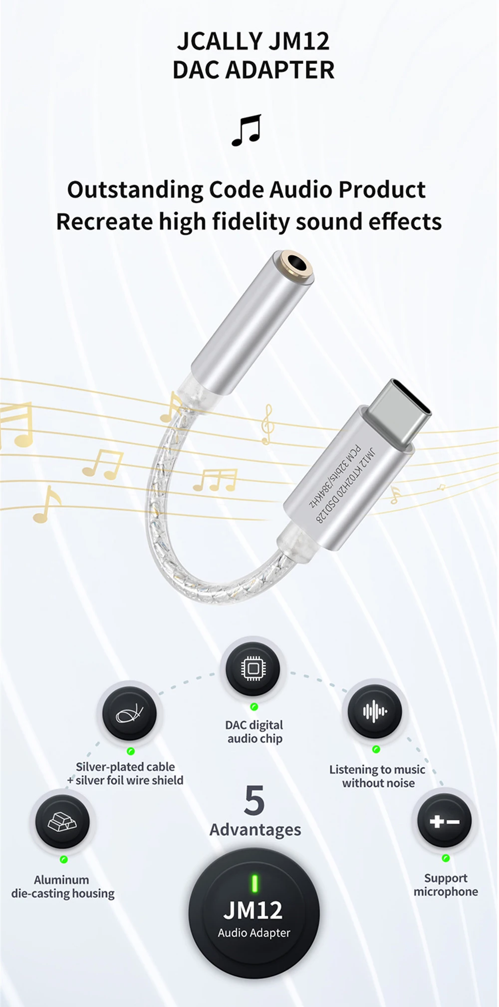 JCALLY JM12 Digital Audio Adapter Type-C to 3.5mm HIFI Sound DAC Decoder Headphone Amplifier for Phone PC Audio Cable