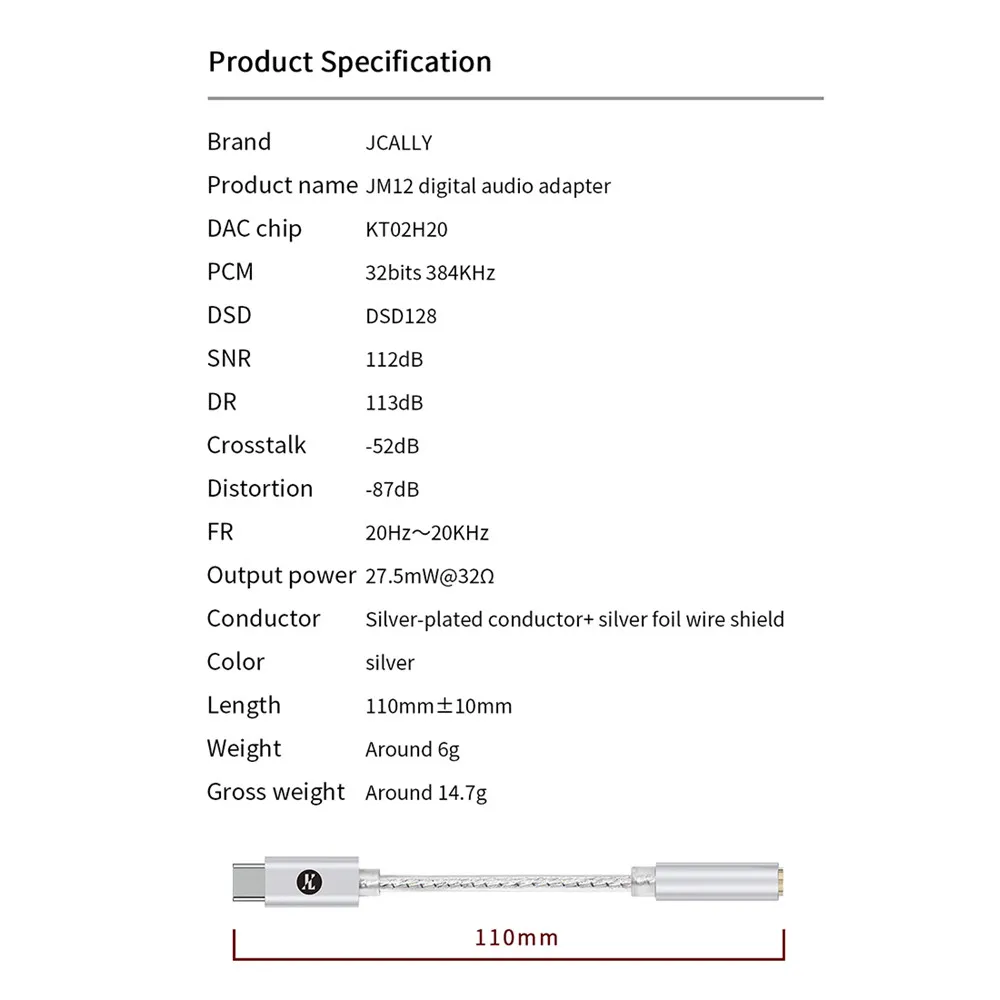 JCALLY JM12 Digital Audio Adapter Type-C to 3.5mm HIFI Sound DAC Decoder Headphone Amplifier for Phone PC Audio Cable
