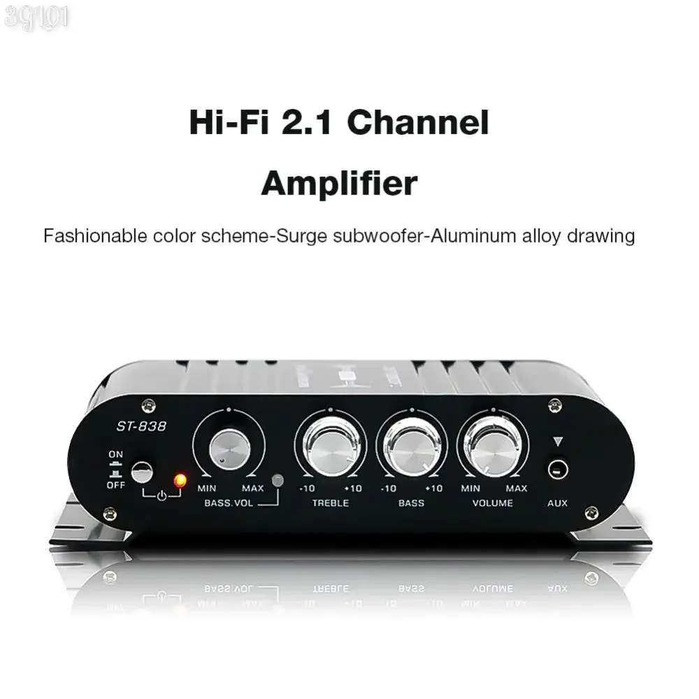 ST-838 HiFi 2.1 Channel Power Amplifier Bass and Treble Adjustment 80W*2 Stereo Bass Sound Amp Audio Amplifier Mini Media Player