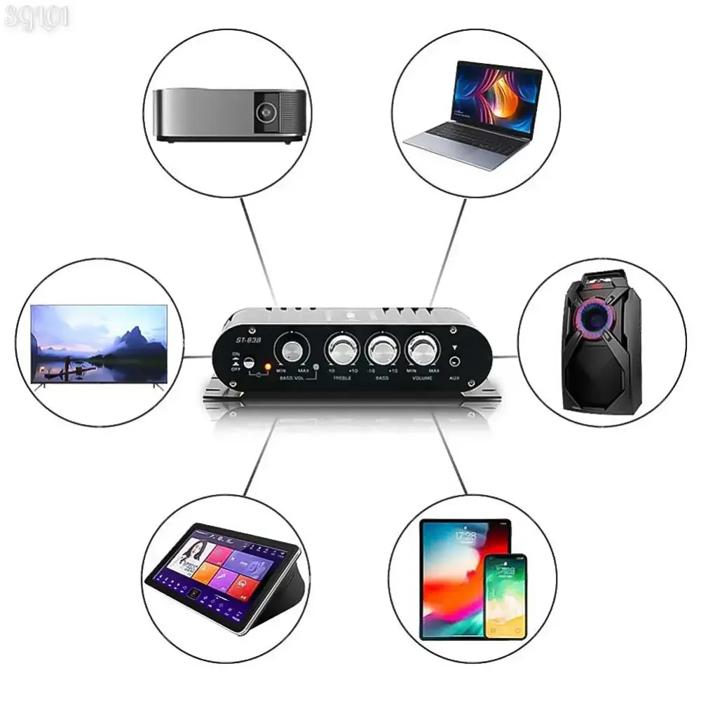 ST-838 HiFi 2.1 Channel Power Amplifier Bass and Treble Adjustment 80W*2 Stereo Bass Sound Amp Audio Amplifier Mini Media Player