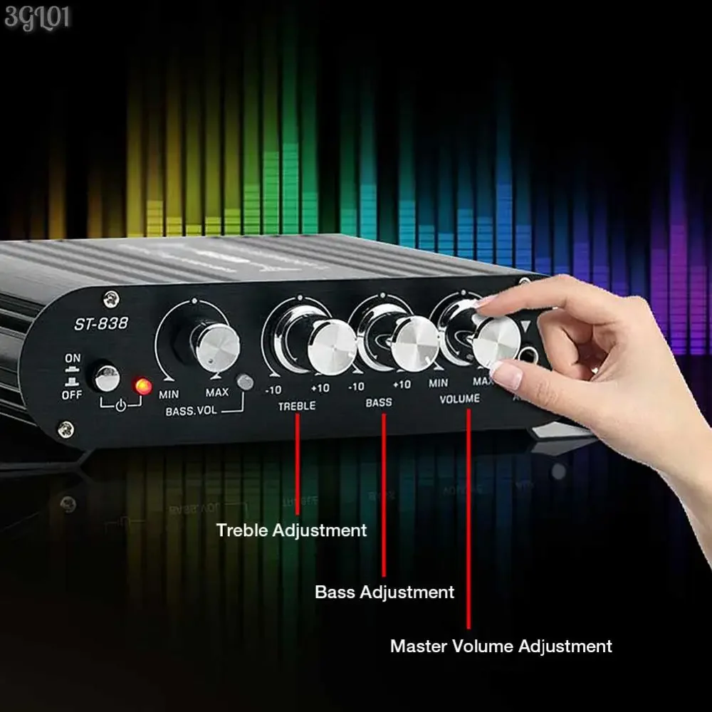 ST-838 HiFi 2.1 Channel Power Amplifier Bass and Treble Adjustment 80W*2 Stereo Bass Sound Amp Audio Amplifier Mini Media Player