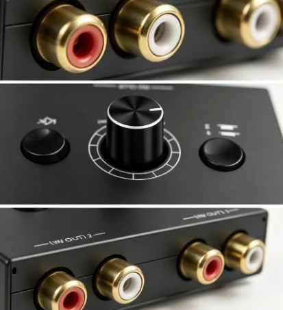 HTMCK 2 in 1 Out/1 in 2 out Bi-Directional RCA Stereo Audio Switcher with Mute Button - Audio Selector Adapter for Speakers