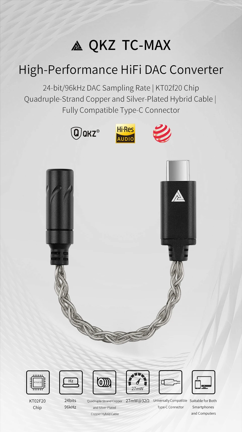 QKZ TC MAX Pro USB Type C to 3.5mm Conversion Interface headphone Amplifier Audio Decoder Earbuds Mobile Phone Adapter HiFi DAC