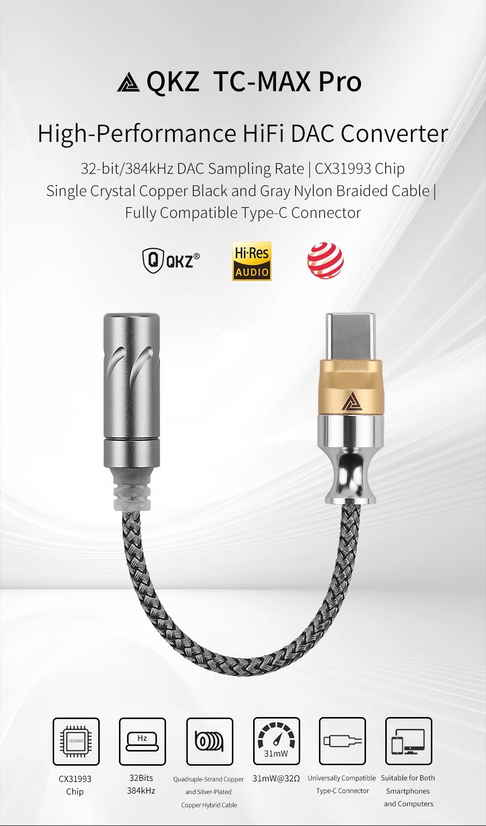 QKZ TC MAX Pro USB Type C to 3.5mm Conversion Interface headphone Amplifier Audio Decoder Earbuds Mobile Phone Adapter HiFi DAC