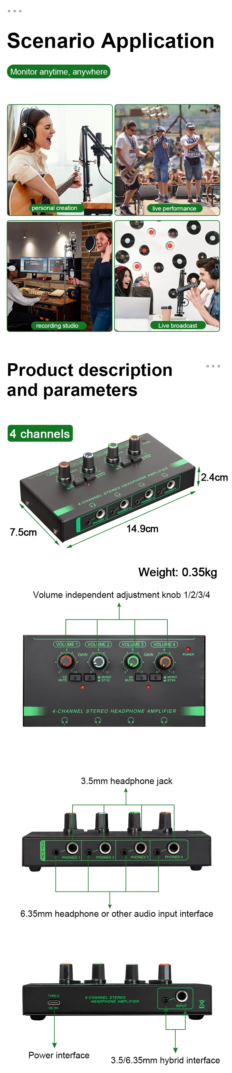Professional 4-Channel Headphone Amplifier with RGB Lighting, Lossless Audio Monitoring Distributor