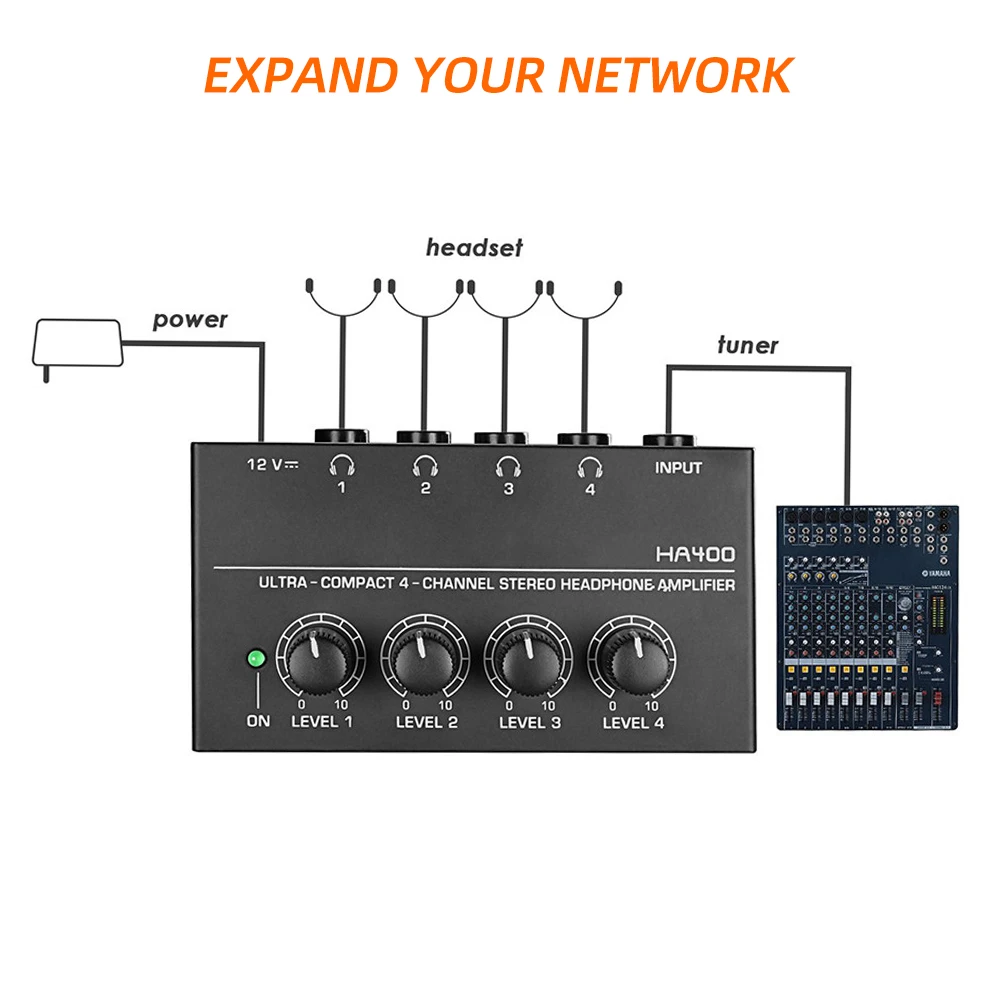 HA400 Mini Amplifier Headphone Amplifier 4 Channels Ultra-Compact Stereo Audio Amplifier Earphone Amplifier With Power Adapter