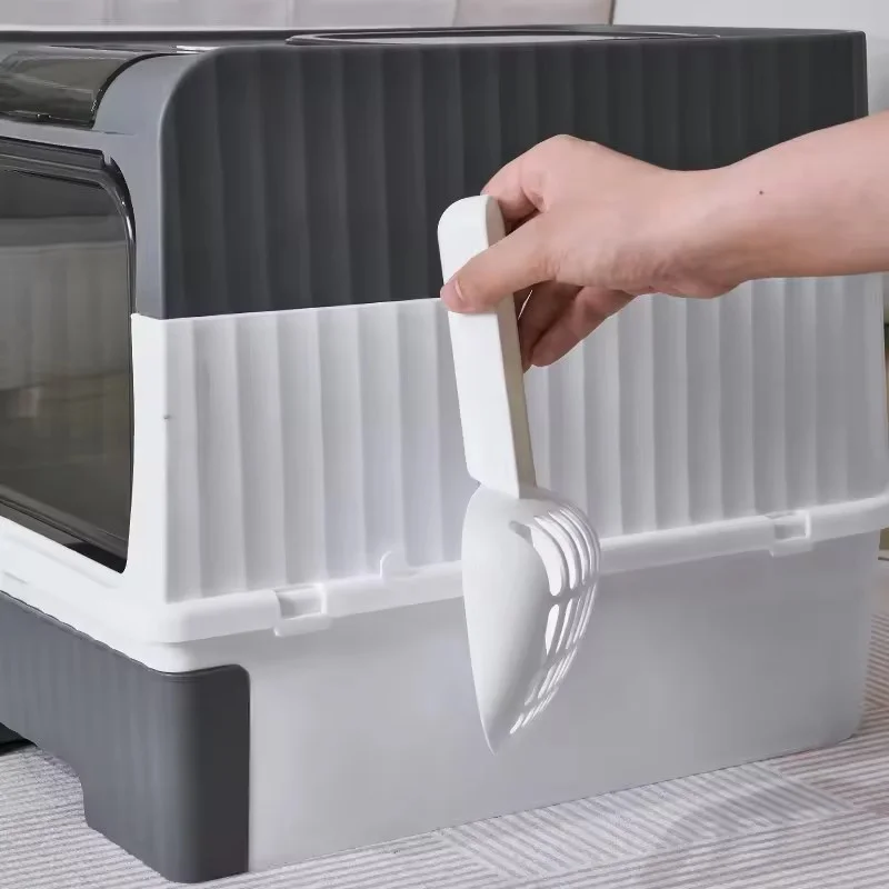 Portable Collapsible Cat Litter Pan With Splash Guard And Plastic Scoop Covered Cat Litter Box With Lid Easy To Clean Kitty Toil