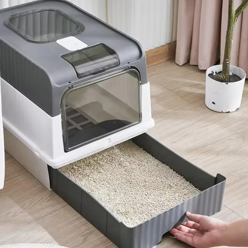 Portable Collapsible Cat Litter Pan With Splash Guard And Plastic Scoop Covered Cat Litter Box With Lid Easy To Clean Kitty Toil