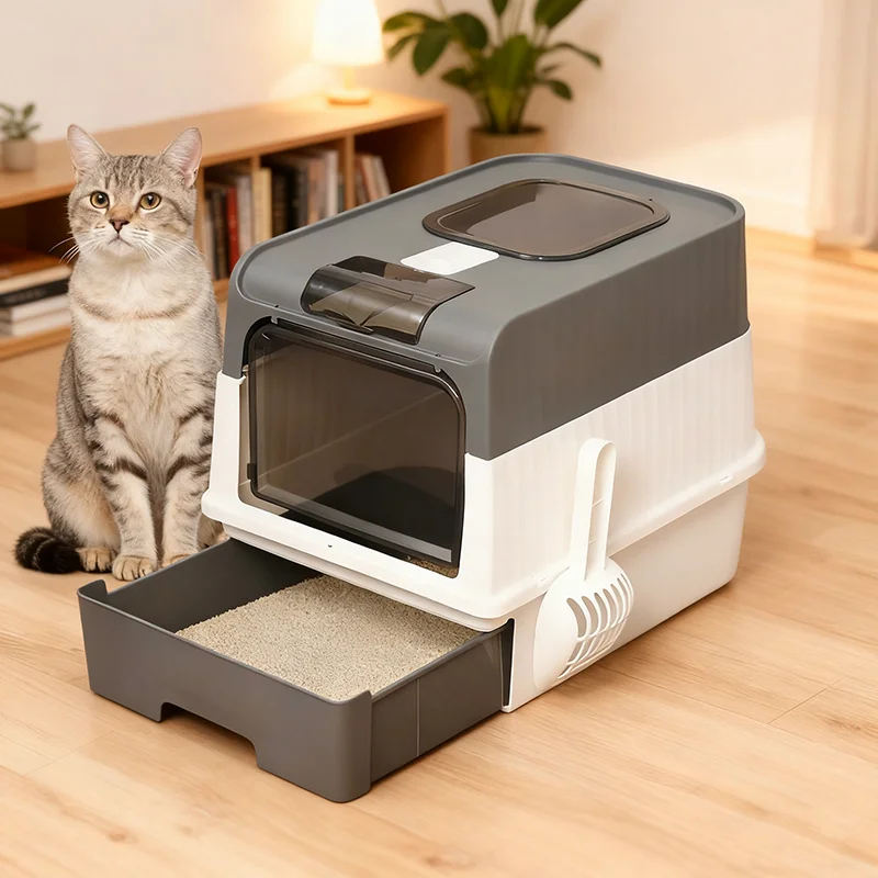 Portable Collapsible Cat Litter Pan With Splash Guard And Plastic Scoop Covered Cat Litter Box With Lid Easy To Clean Kitty Toil