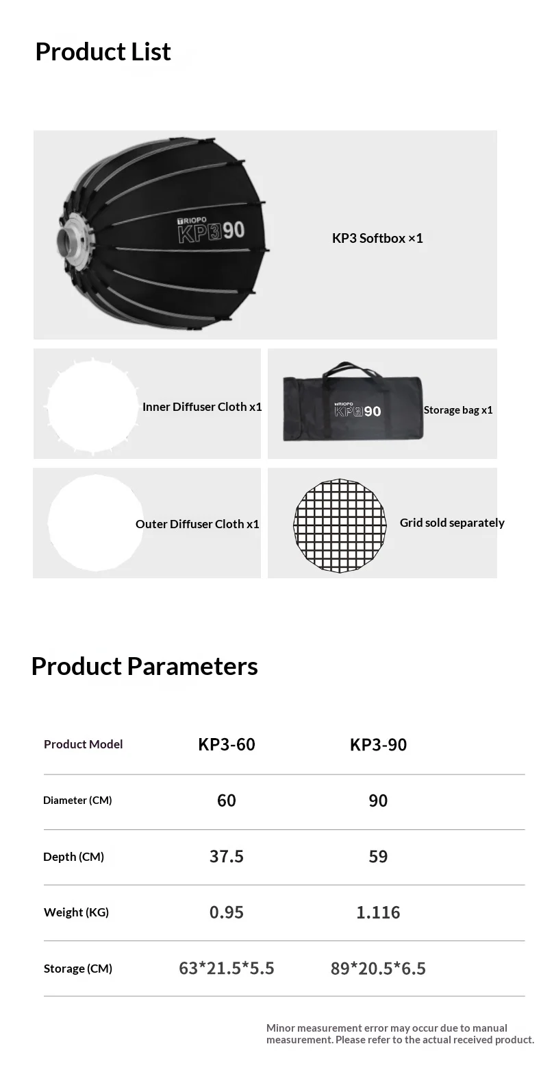 Triopo KP3 Quick Fold Deep Parabolic Softbox 60/90/120cm Bowens Mount Honeycomb Grid Compatible with Godox JINBEI