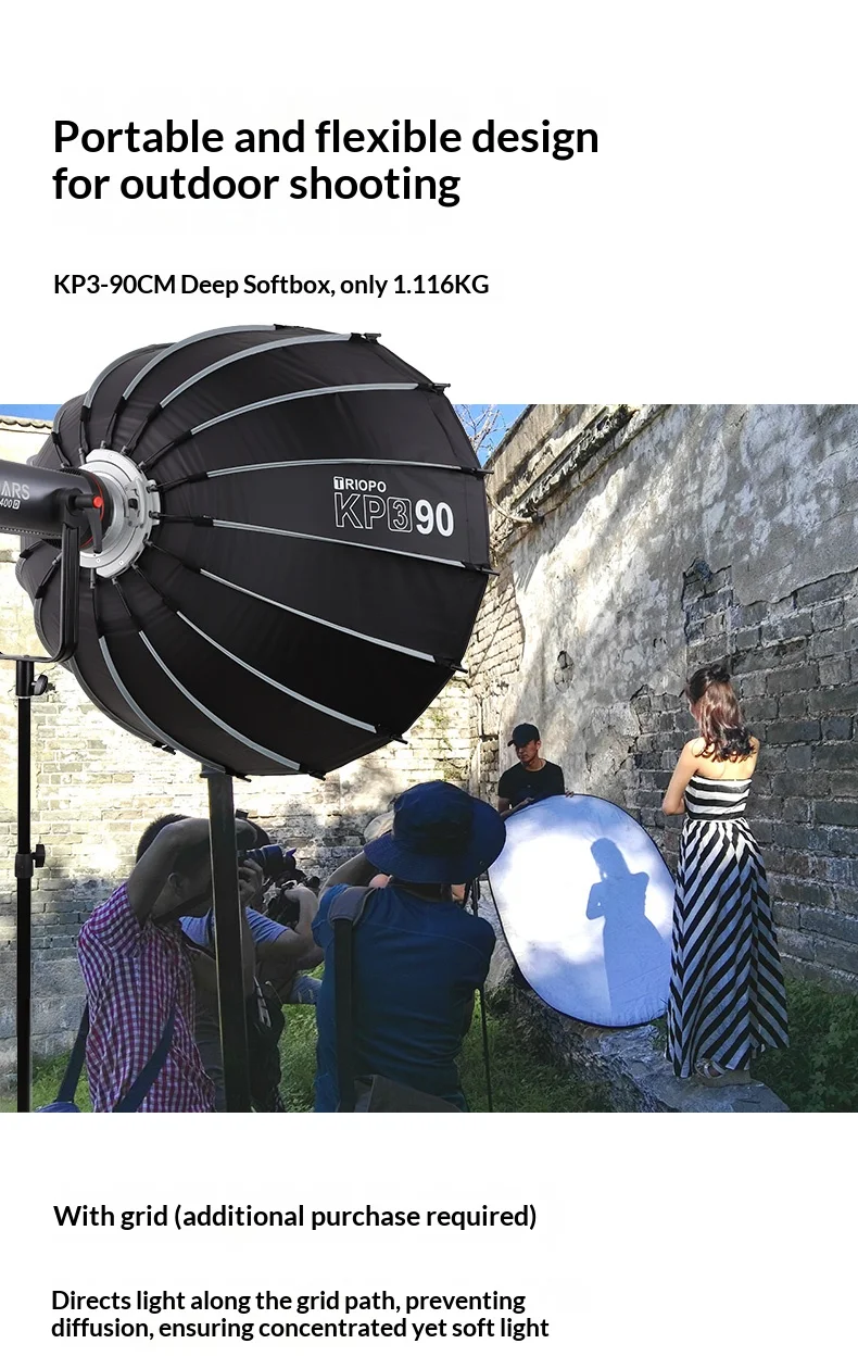 Triopo KP3 Quick Fold Deep Parabolic Softbox 60/90/120cm Bowens Mount Honeycomb Grid Compatible with Godox JINBEI