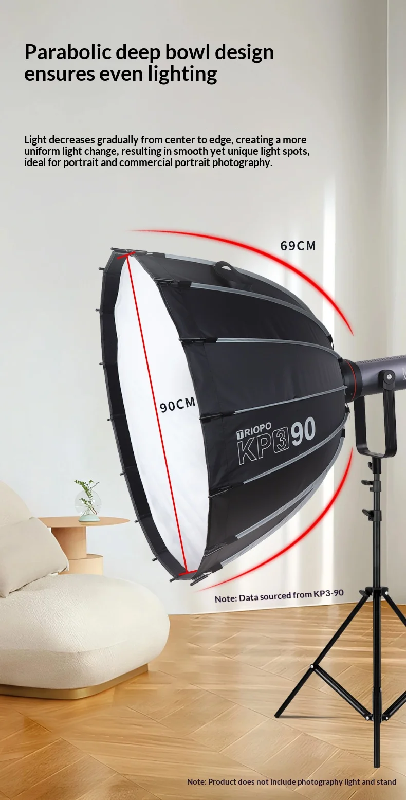 Triopo KP3 Quick Fold Deep Parabolic Softbox 60/90/120cm Bowens Mount Honeycomb Grid Compatible with Godox JINBEI