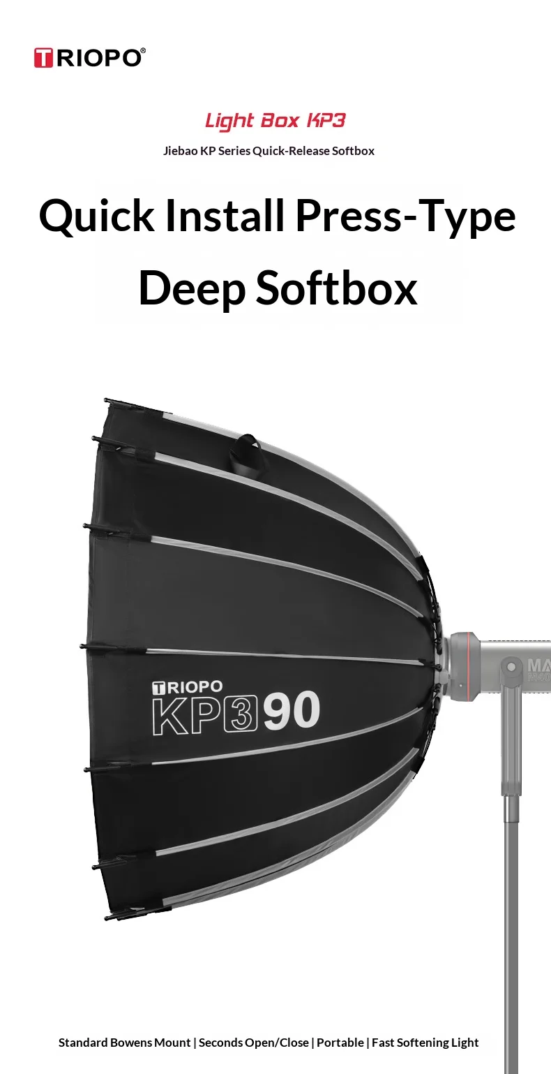 Triopo KP3 Quick Fold Deep Parabolic Softbox 60/90/120cm Bowens Mount Honeycomb Grid Compatible with Godox JINBEI