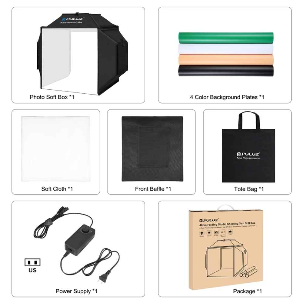 PULUZ 40cm Folding 72W 5500K Photo Studio Shooting Tent Soft Box Photography Lighting Kit & 4 Colors Backdrops Foldable Softbox