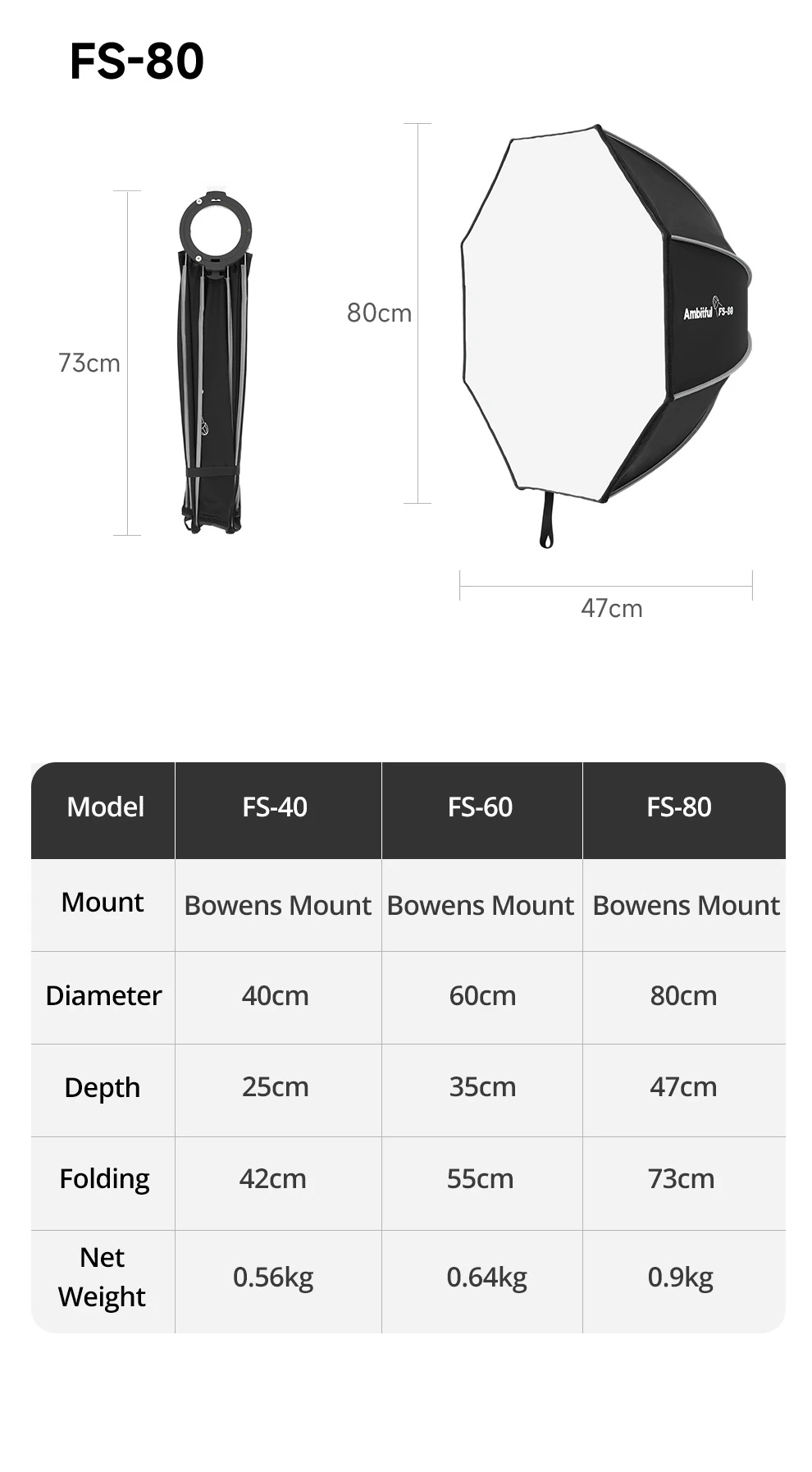 Ambitful FS Series FS40cm 60cm 80cm Quick-Setup Octagon Softbox Bowens Mount for Godox Aputure Sokani Studio LED Video Light