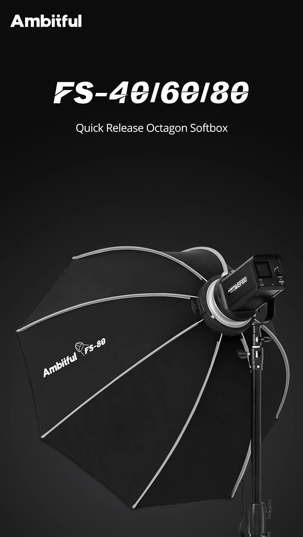Ambitful FS Series FS40cm 60cm 80cm Quick-Setup Octagon Softbox Bowens Mount for Godox Aputure Sokani Studio LED Video Light