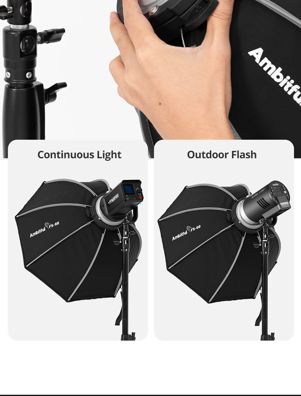 Ambitful FS Series FS40cm 60cm 80cm Quick-Setup Octagon Softbox Bowens Mount for Godox Aputure Sokani Studio LED Video Light