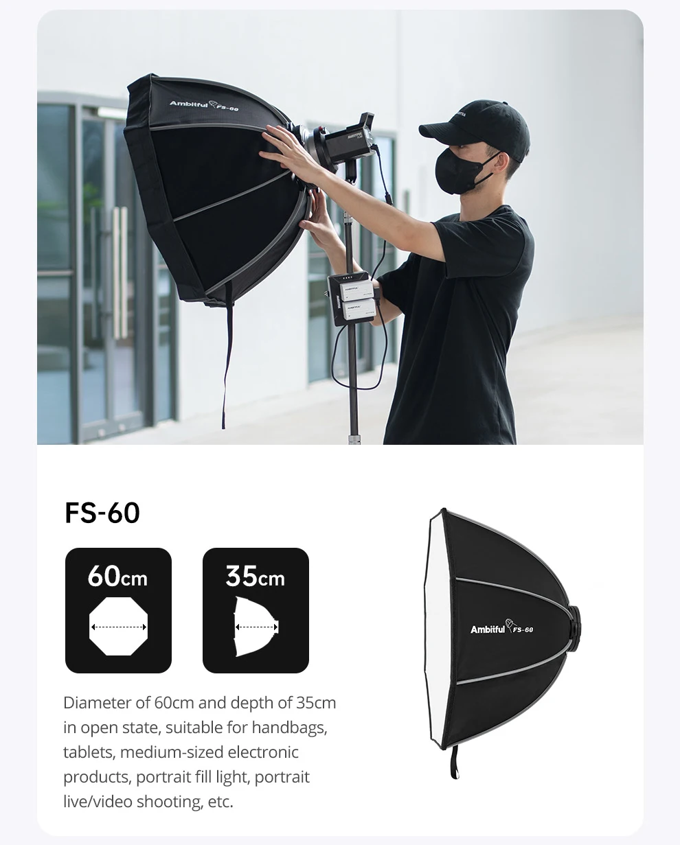 Ambitful FS Series FS40cm 60cm 80cm Quick-Setup Octagon Softbox Bowens Mount for Godox Aputure Sokani Studio LED Video Light