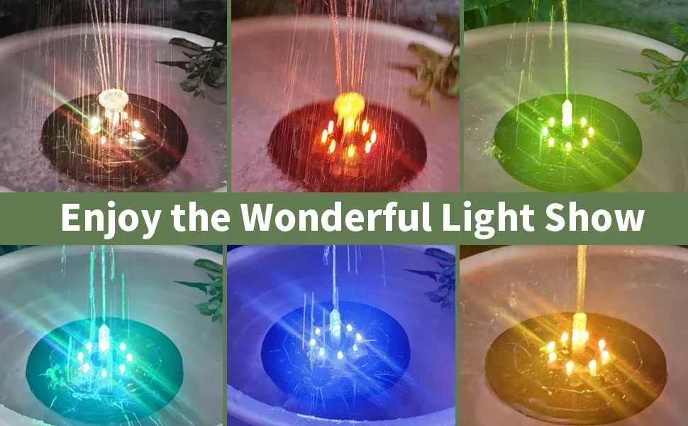 Solar Rotating Fountain Color 7 LED Light Solar Fountain 3W 6 Nozzle Water Pump Outdoors Bird Bath Garden Floating DIY Cistern